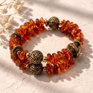 Amber Chip Bead and Brass Bead Wrap Bracelet